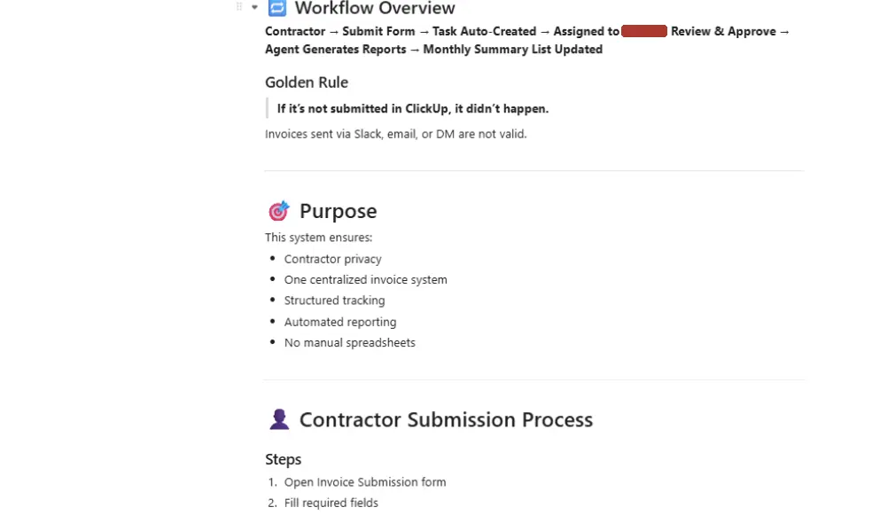 Finance procedure document in ClickUp