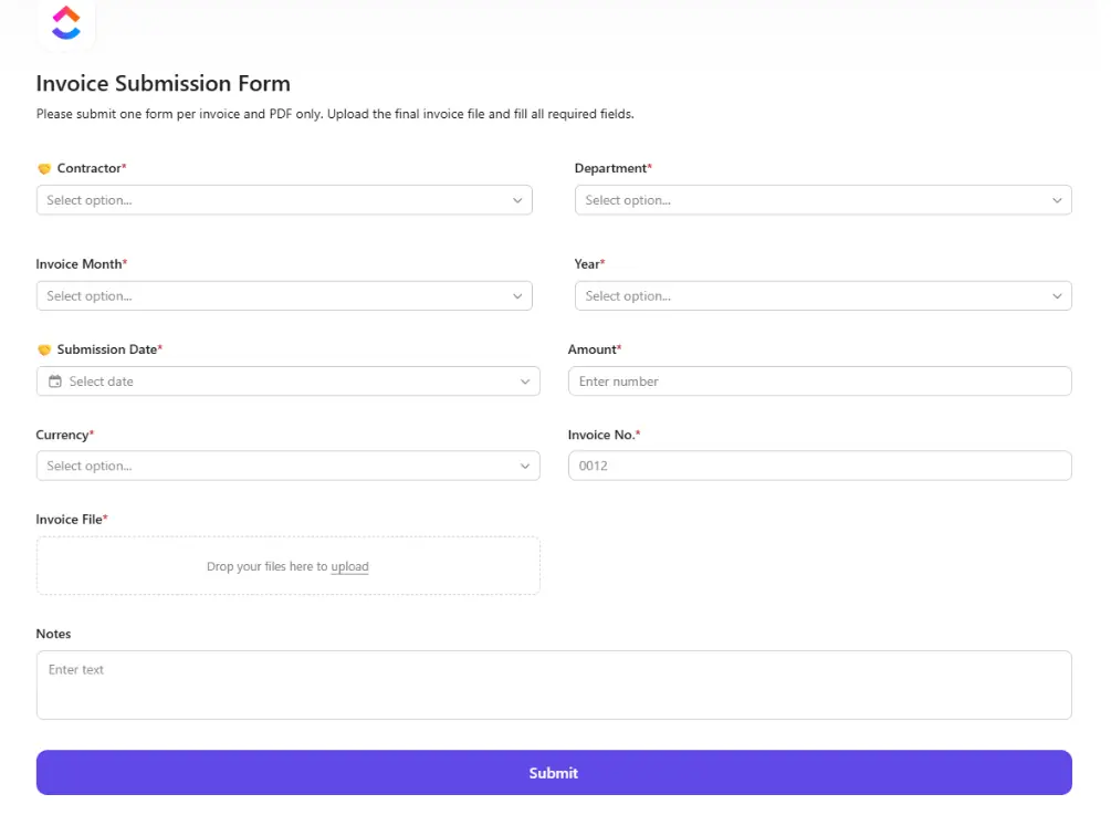 ClickUp invoice submission form