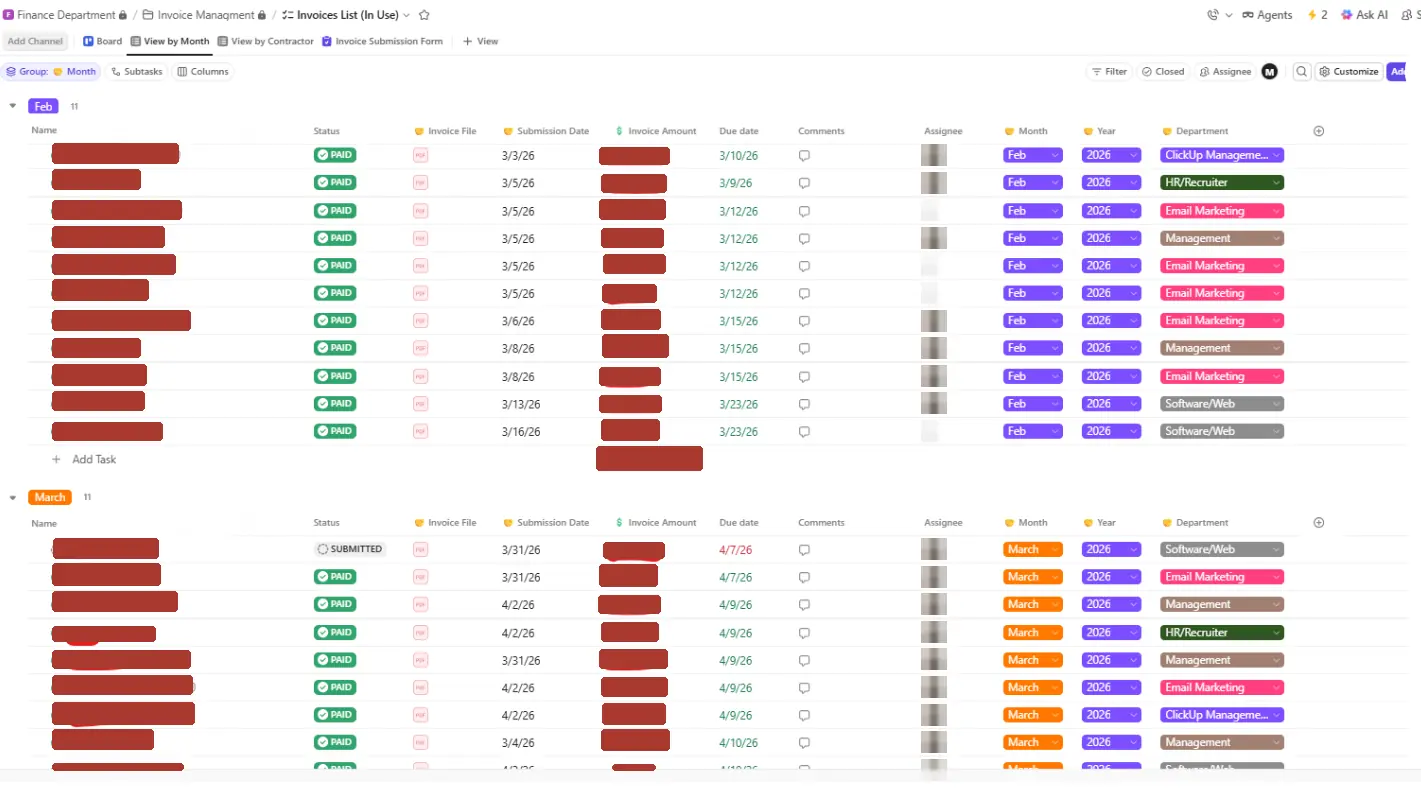 Centralised invoice tracking list