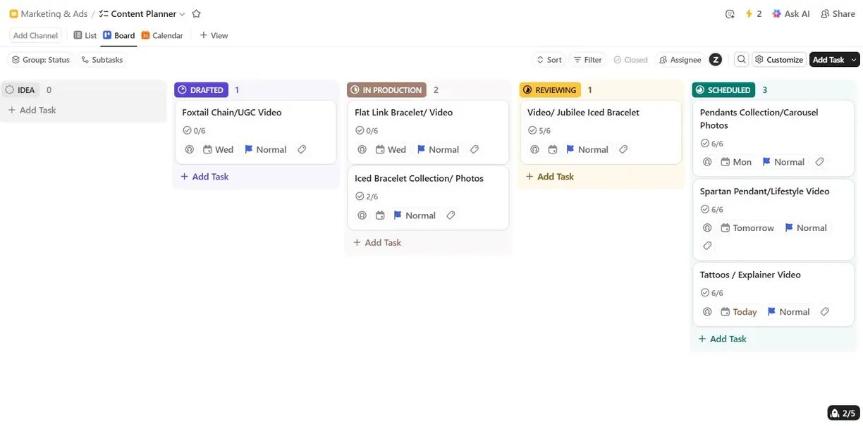 Content planner board from idea to scheduled