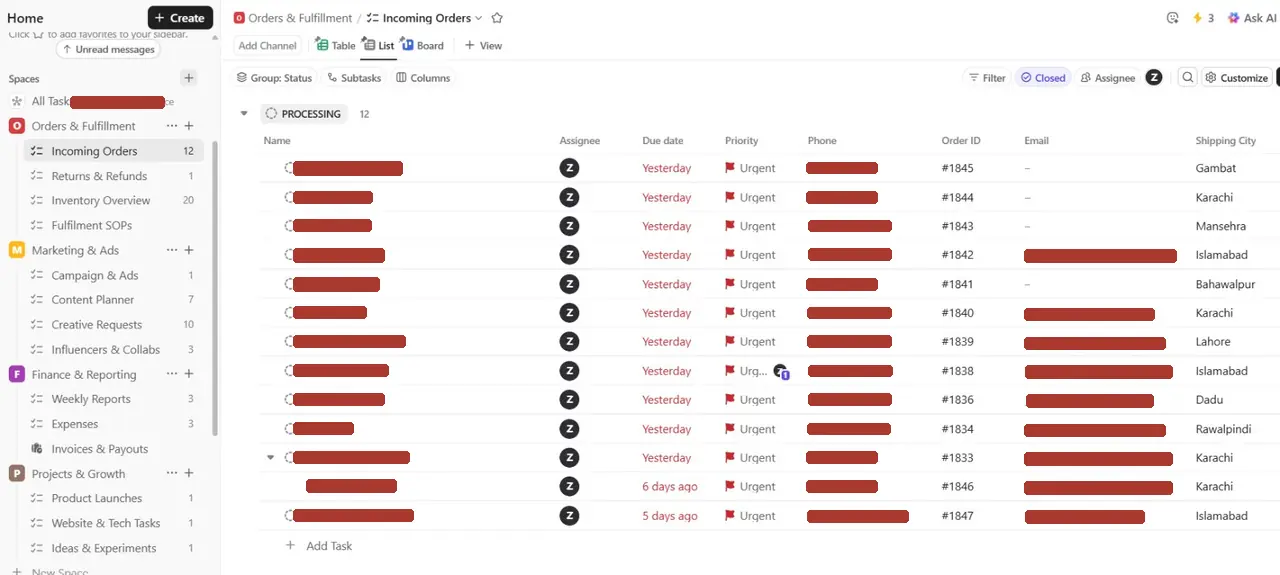 Incoming orders synced into ClickUp