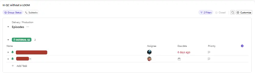 Dashboard card listing work in QC without a review video