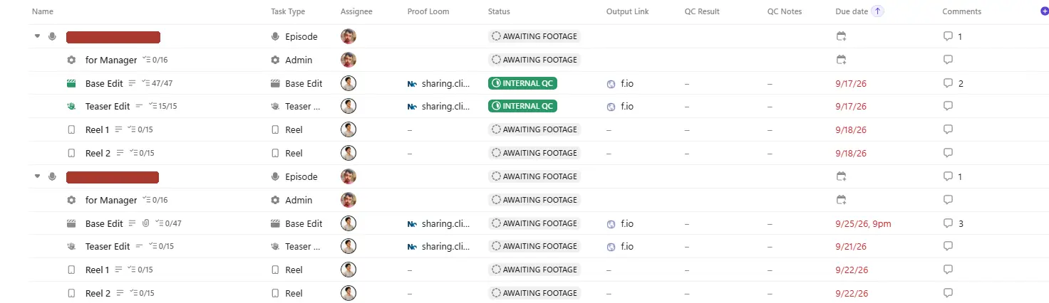 Two episodes broken into deliverables in the new production list